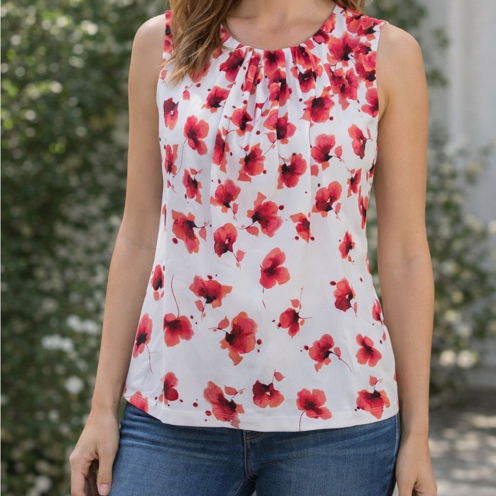 Calvin Klein White and Red Floral Blouse